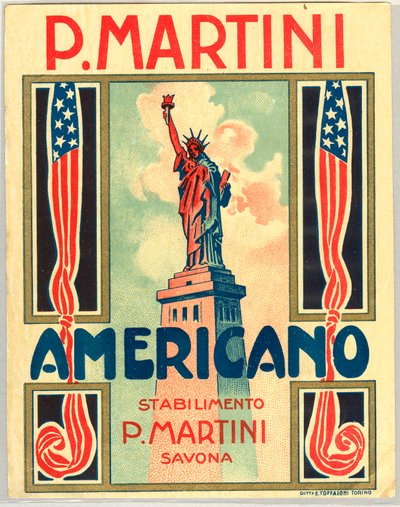 Pubblicità per il drink italiano Americano, con bandiera americana e statua della libertà da Anonymous Anonymous