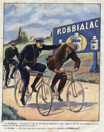 Pubblicità per la vernice Robbialac: i poliziotti accusano un ciclista di aver rubato la sua bicicletta perché sembra nuova grazie alla vernice Robbialac. Incisione in 