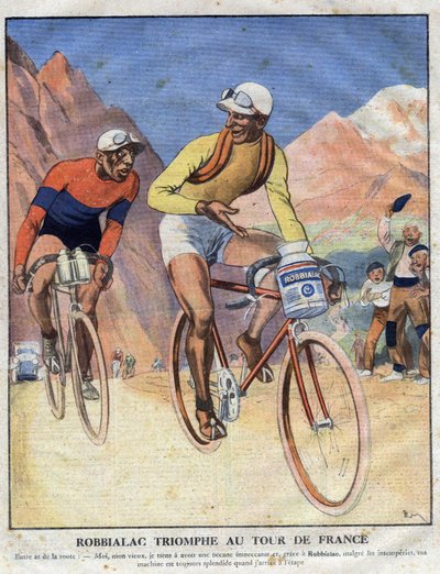 Pubblicità per la pittura Robbialac: "Robbialac trionfa al Tour de France". Un ciclista vende i meriti della pittura Robbialac per la sua bici. Incisione. Una di "Il Piccolo Giornale Illustrato" da Anonymous Anonymous