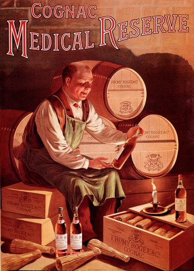 Manifesto pubblicitario per il cognac Fromy, Rogee e Cie: riserva medica. Un uomo nella sua cantina guarda con piacere una bottiglia di cognac. Illustrazione anonima. Inizio XX secolo da Anonymous Anonymous