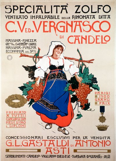 Poster pubblicitario per il fungicida zolfo ventilato prodotto dalla ditta italiana Vergnasco Candelo, XX secolo da Anonymous Anonymous