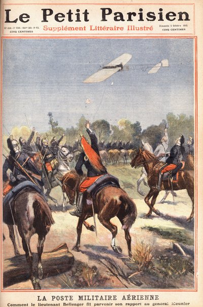 Posta militare aerea: come il tenente Georges Bellenger (1878-1977) inviò il suo rapporto al generale Meunier, prima pagina del giornale "Le Petit Parisien" del 2/10/1910 (incisione) da Anonymous Anonymous