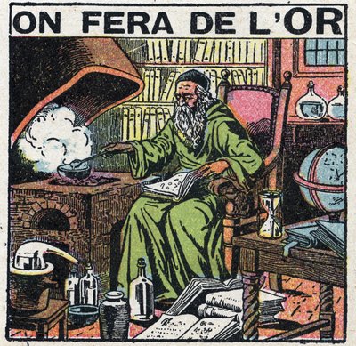 Alchimista del Medioevo nel suo laboratorio cercando di fare oro. Illustrazione anonima del 1925. Collezione privata. da Anonymous Anonymous