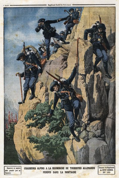 Cacciatori alpini alla ricerca di turisti tedeschi dispersi. Volevano andare al monte Nero del massiccio della Chartreuse. Incisione in 