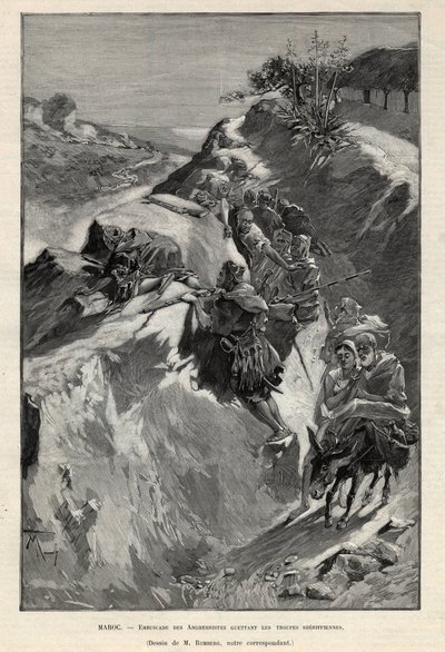 Insurrezione montana di Andjera in Marocco: imboscata degli Angherristi in attesa delle truppe sceriffiane. Incisione in "Le monde illustree" del 1892. Collezione privata da Anonymous Anonymous