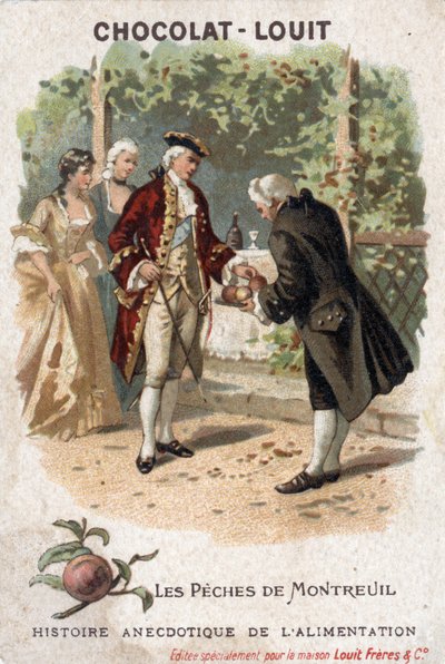Storia aneddotica del cibo: la pesca di Montreuil. Quelle rappresentate qui sono in realtà le pesche a spalliera di Bagnolet. Il re di Francia Luigi XV viene con la sua corte a mangiare le pesche coltivate da Monsieur Edmee de Girardot. Cromolitografia Cho da Anonymous Anonymous
