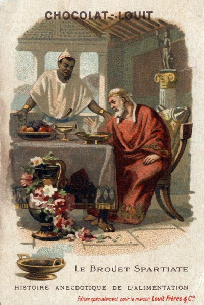 Storia aneddotica del cibo: il brodo spartano. Dionisio il Vecchio (431-367 a.C.), tiranno di Siracusa, detestava il brodo quando lo assaggiò. Il cuoco rispose che non doveva essere abbastanza affamato per apprezzarlo. Cromolitografia Chocolate-Louit, fine da Anonymous Anonymous