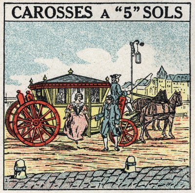 Trattamento animale: una carrozza a 5 piani, un mezzo di trasporto riservato alla borghesia sotto Luigi XIV in Francia. Illustrazione anonima del 1925. Collezione privata da Anonymous Anonymous