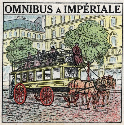 Trazione animale: omnibus a imperiale nel XIX secolo. Illustrazione anonima del 1925. Collezione privata. da Anonymous Anonymous