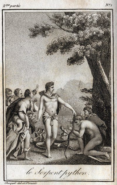 Apollo e il serpente Pitone sul Monte Parnaso. Incisione del 1819 in "Lettres a Emilie sur la mythologie" di Charles Albert Demoustier (1760-1801). Collezione privata. da Anonymous Anonymous
