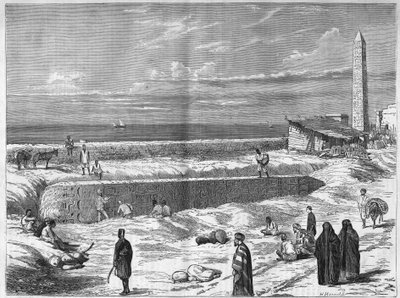 Archeologi in Egitto: gli obelischi di Cleopatra ad Alessandria. Incisione in 