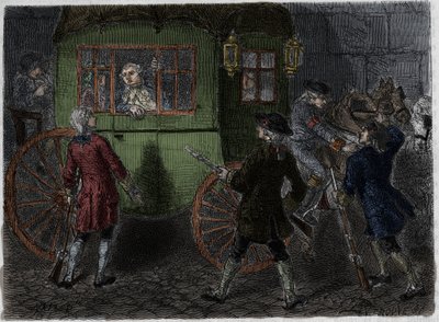 Arresto di Luigi XVI (1754-1793) e della sua famiglia in fuga a Varennes il 21 giugno 1791. Incisione del 1866 in "Histoire de la Révolution française" di Adolphe Thiers. da Anonymous Anonymous