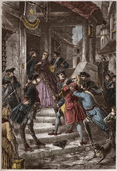 Arresto di Voltaire e sua nipote in Prussia, per ordine di Federico il Grande - incisione da 