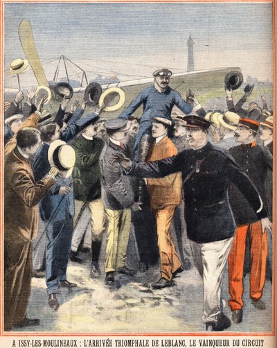 Arrivo trionfale di Alfred LeBlanc, pilota francese, vincitore del circuito aereo a Issy Les Moulineaux. Incisione in 