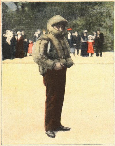 Aviazione: Tuta aerea progettata per proteggere gli aviatori dalla caduta. Incisione in "Le petit parisien" del 16/10/1910. Collezione privata. da Anonymous Anonymous