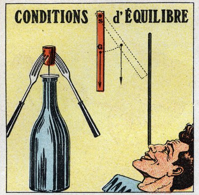 Bilancia dei solidi: condizioni di equilibrio. Esperienza con una bottiglia, un tappo e due forchette. Illustrazione anonima del 1925. Collezione privata. da Anonymous Anonymous