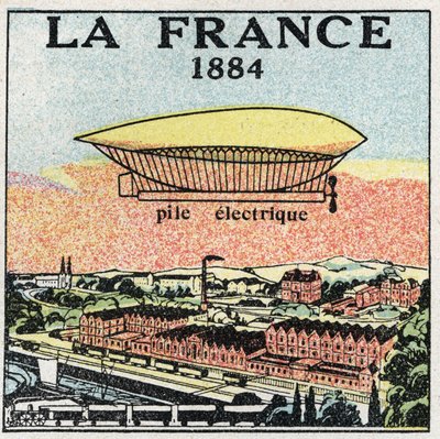 Palloni: il dirigibile "La France" nel 1884 utilizzando la batteria elettrica inventata dai francesi Renard e Krebs. Illustrazione anonima del 1925. Collezione privata da Anonymous Anonymous