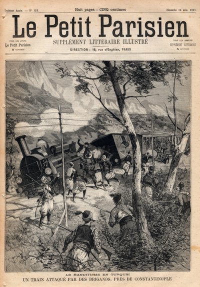Banditismo in Turchia, un treno attaccato da ladri vicino a Costantinopoli. Incisione in "Le petit Parisien" del 1891. Collezione privata da Anonymous Anonymous