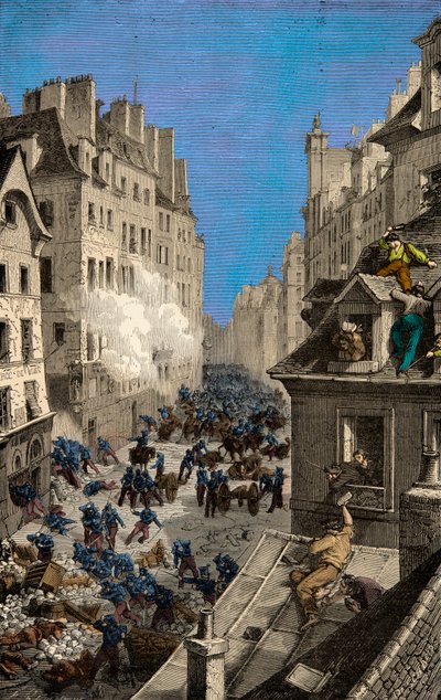 Battaglia alla Barricata di Rue Saint Antoine nel 1830. Incisione. Collezione privata da Anonymous Anonymous