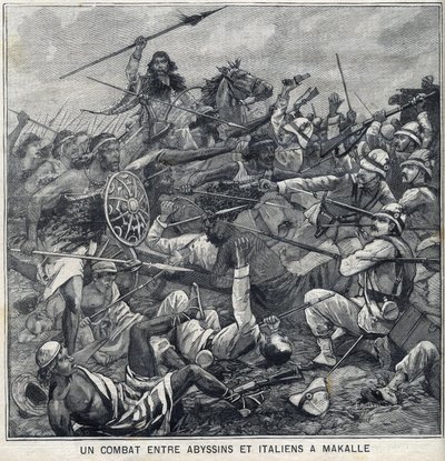 Battaglia tra gli Abissini di Menelik II e gli Italiani a Makalle, Etiopia. Incisione in "Le Petit Parisien" da Anonymous Anonymous