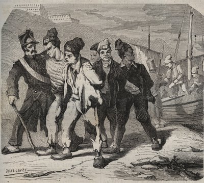 Belle-Ile-en-Mer (bella isola in mare) nel XIX secolo. Incisione in "Histoire des bagnes depuis leur création à nos jours" (1877) di Pierre Zaccone (1817-1895) (Colonia Penale) da Anonymous Anonymous