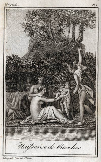 Nascita di Bacco, figlio di Giove e Semele. Incisione del 1819 in “Lettres à Emilie sur la mythologie” di Charles Albert Demoustier (1760-1801). Collezione privata da Anonymous Anonymous