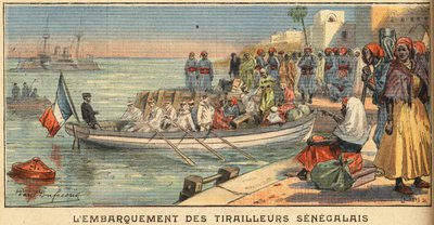 Imbarco dei cavalieri senegalesi con le loro mogli. Incisione dal giornale 