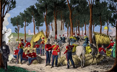 Accampamento delle truppe russe e inglesi agli Champs Elysées a Parigi nel luglio 1815 dopo la sconfitta di Napoleone I, Incisione, Collezione privata da Anonymous Anonymous