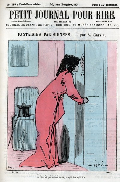 Vignetta su coppie parigine. Una donna con il suo amante chiede alla cameriera di rimandare il suo appuntamento con un altro uomo: "Dille che la mamma è qui e devo andare." Incisione in "Petit Journal pour Rire" da Anonymous Anonymous
