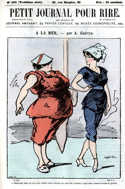 Vignetta su persone in mare. Due donne, una delle quali parla di moda: "Dimmi dove hai comprato il tuo vestito che ti rende così magra; guarda quanto cresce il mio." Incisione in "Petit Journal pour Rire" di A. Grévin da Anonymous Anonymous