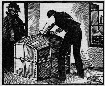 Caso Eyraud-Bompard o il caso del baule insanguinato: scoperta del baule usato per nascondere il cadavere del bailiff Gouffe assassinato nel 1888 a Parigi dalla coppia Michel Eyraud e Gabrielle Bompard. Illustrazione tratta da 