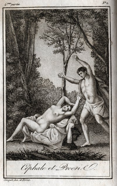 Cefalo e Procri (Cephalus) coppia di amanti. Incisione del 1819 in "Lettres a Emilie sur la mythologie" di Charles Albert Demoustier (1760-1801). Collezione privata. da Anonymous Anonymous