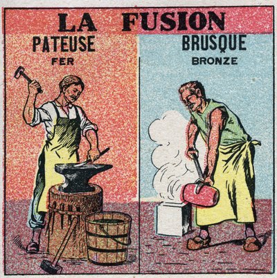 Cambiamenti di stato: fusione del ferro e fusione improvvisa del bronzo. Illustrazione anonima del 1925. Collezione privata da Anonymous Anonymous