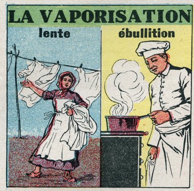 Cambiamenti di stato: lenta vaporizzazione (azione del vento) o ebollizione (calore sotto una pentola). Illustrazione anonima del 1925. Collezione privata da Anonymous Anonymous
