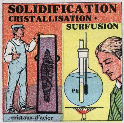 Cambiamenti di stato: solidificazione e cristallizzazione. Formazione di cristalli di acciaio e superfusione del fosforo. Illustrazione anonima del 1925. Collezione privata. da Anonymous Anonymous