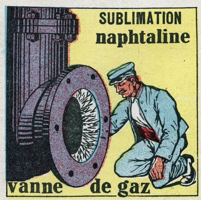 Cambiamenti di stato: sublimazione. Deposito di naftalina che ostruisce una valvola del gas. Illustrazione anonima del 1925. Collezione privata. da Anonymous Anonymous