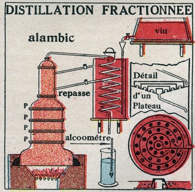 Cambiamenti di stato: vapori. Distillazione frazionata del vino. Illustrazione anonima del 1925. Collezione privata. da Anonymous Anonymous