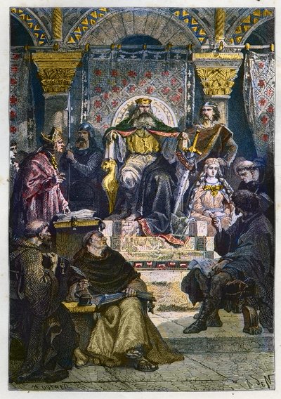 Carlo Magno (742 - 814) sul suo trono che presiede l