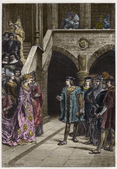 Carlo VIII e Anna di Bretagna - Incontro tra il re Carlo VIII (1470-98) e la regina Anna di Bretagna - incisione da "L