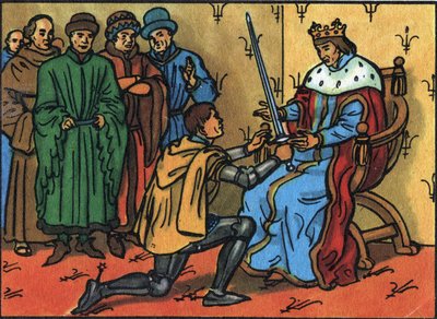 Carlo V il Saggio (1338-1380) consegna solennemente la spada di connestabile a Bertrand du Guesclin (1320-1380). Illustrazione anonima in “Collection des souverains et chefs d