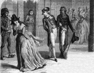 Charlotte Corday dal coltellinaio Badin, sotto i portici del Palais-Royal nel 1793 - Incisione in "Histoire des Girondins" di Alphonse de Lamartine (1790-1869) 1865-1866 - Collezione privata da Anonymous Anonymous