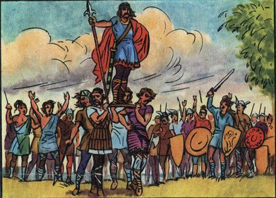 Clodoveo (re dei Franchi dal 481 al 511) fu eletto re dai Salii che lo portarono sul baluardo (scudo) mentre girava per il campo. Illustrazione anonima in "Collection des souverains et chefs d