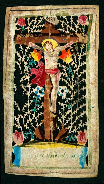 Crocifissione. Immagine pia nel canale. Iscrizioni INRI (I.N.R.I.). Collezione privata da Anonymous Anonymous