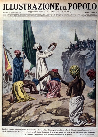 Manifestazione guidata dal leader politico Mohandas Karamchand Gandhi (1869-1948) per protestare contro le autorità inglesi, raffigurante una cerimonia durante la cosiddetta Marcia dei Martiri verso Jalaipur. Illustrazione tratta da 