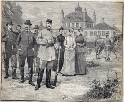 Partenza per la caccia dello Zar Nicola II di Russia a Fredensborg, Danimarca. Incisione in 