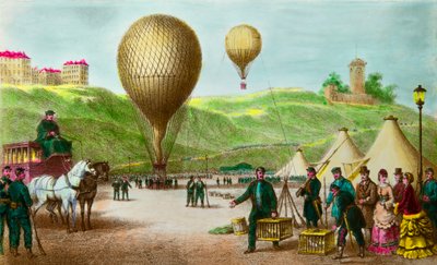 Partenza di un pallone postale e piccioni viaggiatori durante l