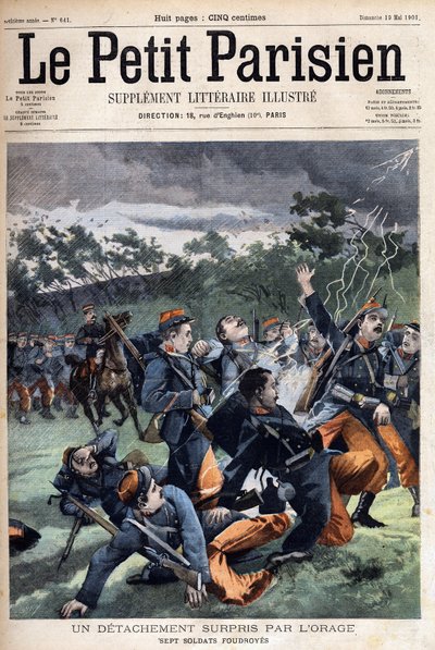 Distaccamento di soldati sorpresi dalla tempesta: sette soldati saranno colpiti, in "Le Petit Parisien" del 19/05/1901 (incisione) da Anonymous Anonymous