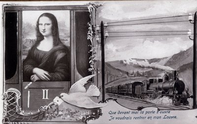 Rappresentazione distorta della Monna Lisa di Leonardo da Vinci: Il dipinto è rappresentato su un treno, desiderando trovare il suo museo. Cartolina comica edita al momento del furto dell