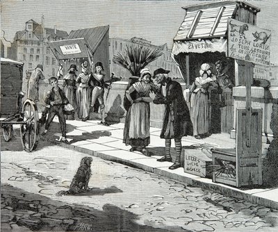 Toelettatori di cani sul ponte nove di Parigi intorno al 1796, Incisione, Collezione privata da Anonymous Anonymous