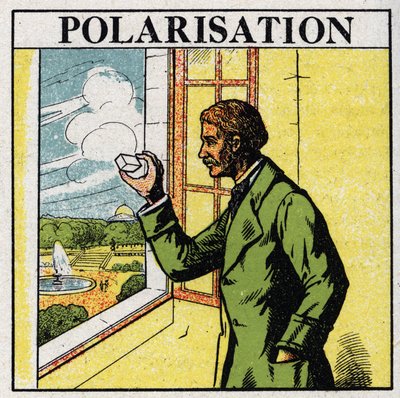 Doppia rifrazione: Etienne Louis Malus osserva attraverso uno spato la luce del sole al tramonto riflessa dalle finestre del Lussemburgo nel 1808. Illustrazione anonima del 1925. Collezione privata da Anonymous Anonymous